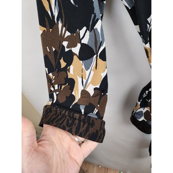 Dana Buchman Womens Top Medium Brown Black Abstract Belted Stretch 3/4 Sleeve - Picture 3 of 9